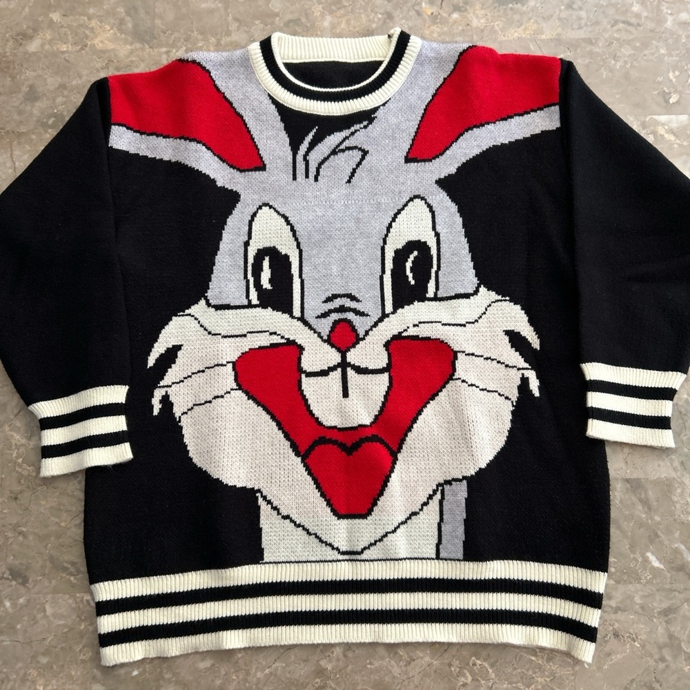 Graphic Bugs Bunny Knit Sweater Black Red No Tag Fits L